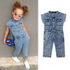 Little Girls Summer Denim Jumpsuit, Sleeveless Folded Collar Button-Down Outfit, One-Piece Chest Pockets Long Pants Clothes