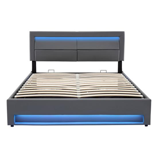 Upholstered Bed Large Storage Space LED Lighting Stable Frame Sturdy Double Construction with USB Ports Modern Wood Slatted Functional