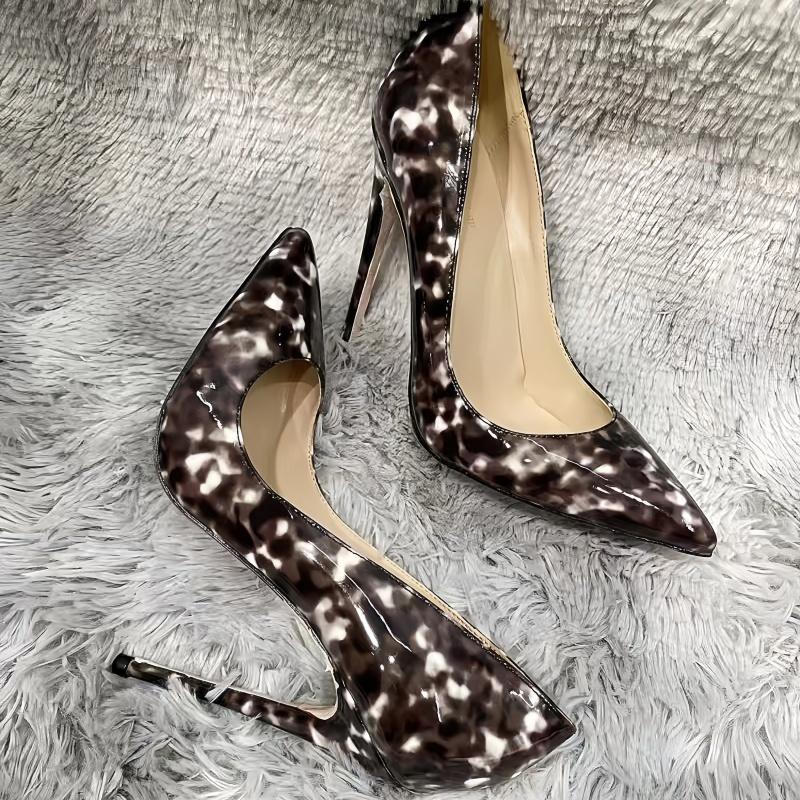 Brown Patent Leather Leopard Print Plus Size Women's Single Heel Shoes, Color Blocking Temperament High Heels