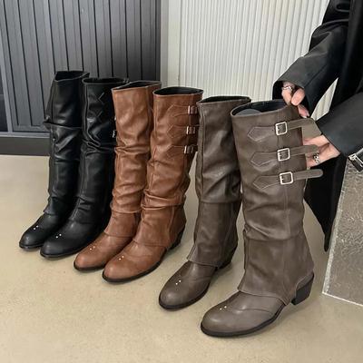 Платформа женские ковбойские сапоги в стиле вестерн модные слипоны съемные рыцарские длинные сапоги осень-зима толстый каблук женская обувь