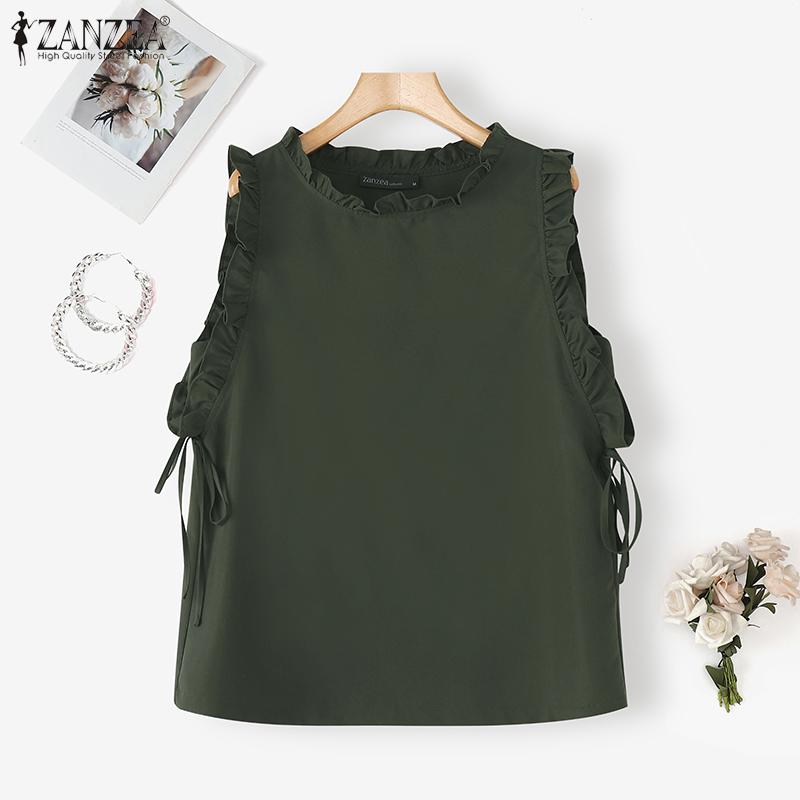 ZANZEA Женские повседневные топы без рукавов с круглым вырезом, однотонные, летние