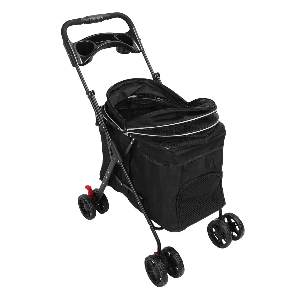 Foldable Pet Stroller Breathable Mesh with 2 Way Zipper Canopy Detachable Food Tray Cup Holder Travel Cat Dog Stroller
