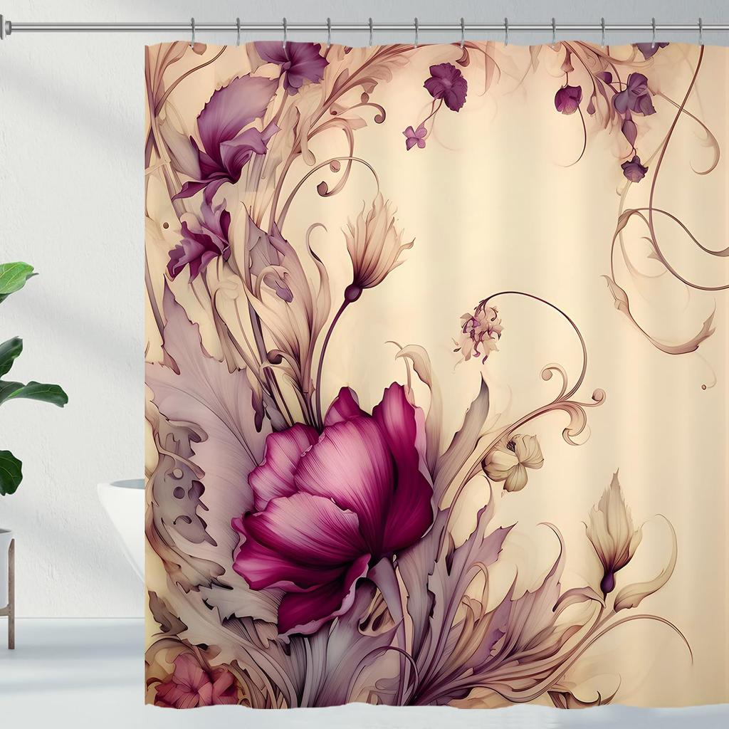 Черно-белая цветочная шторка для душа Цветочная бабочка Шторка для душа с крючками Темный цветок Лист Растение Ванная комната Шторка Водонепроницаемая Шторка для душа