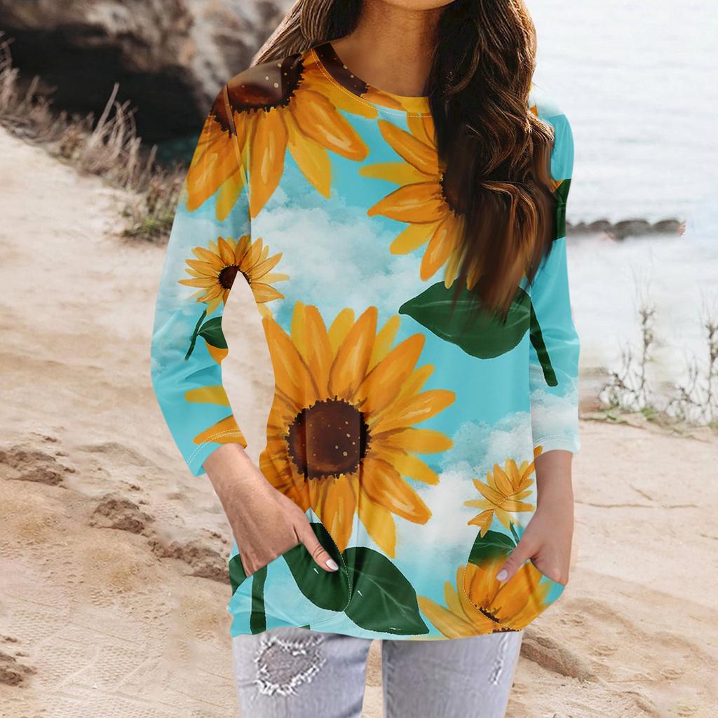 Женская модная повседневная футболка с карманом и круглым вырезом с рукавами 3/4 и топом