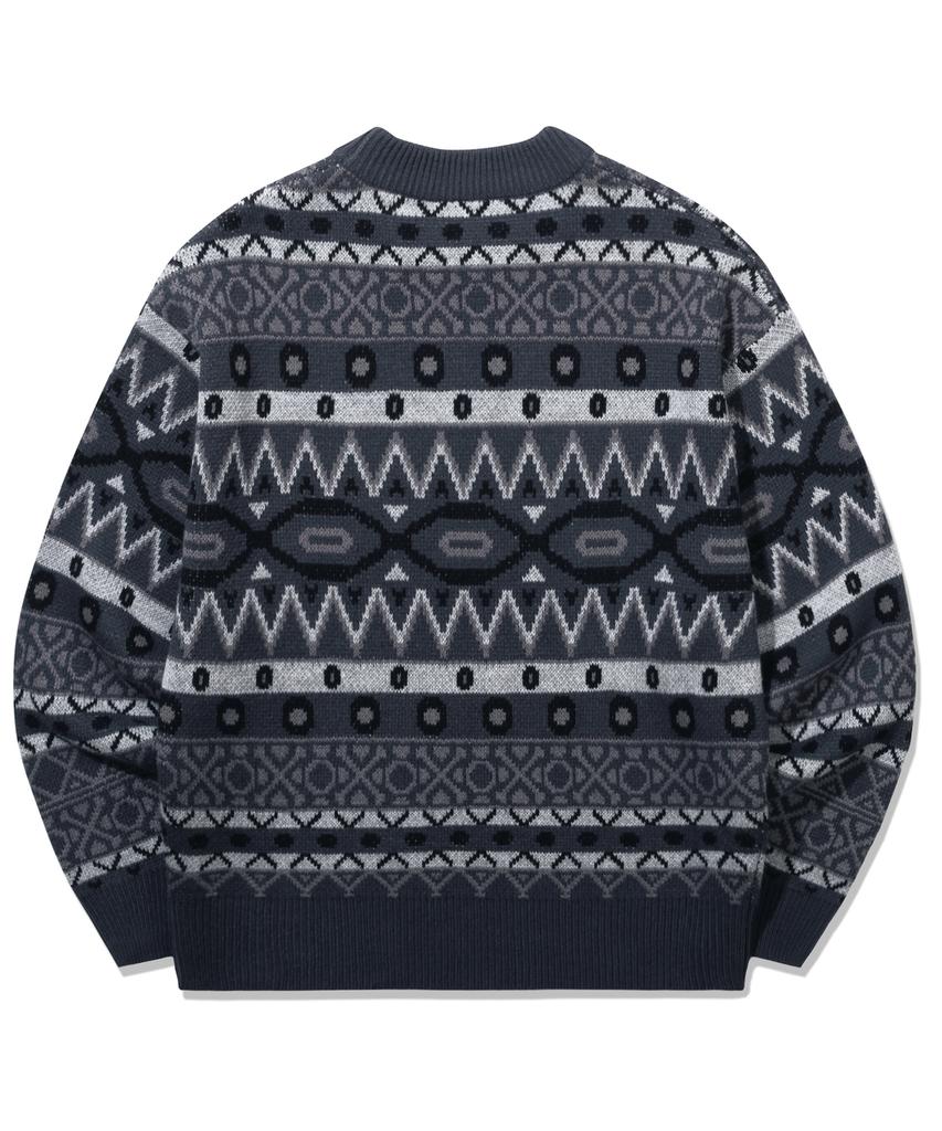TRILLION Винтажный жаккардовый джемпер Fair Isle с круглым вырезом_Темно-синий