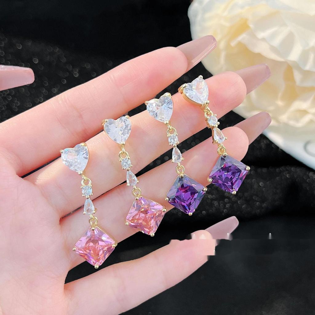 BELLA BOX Exquisite Geometric Square Tassel Heart-shaped Zircon Drop Earrings Suitable For Women's Wedding Party Fashion Jewelry