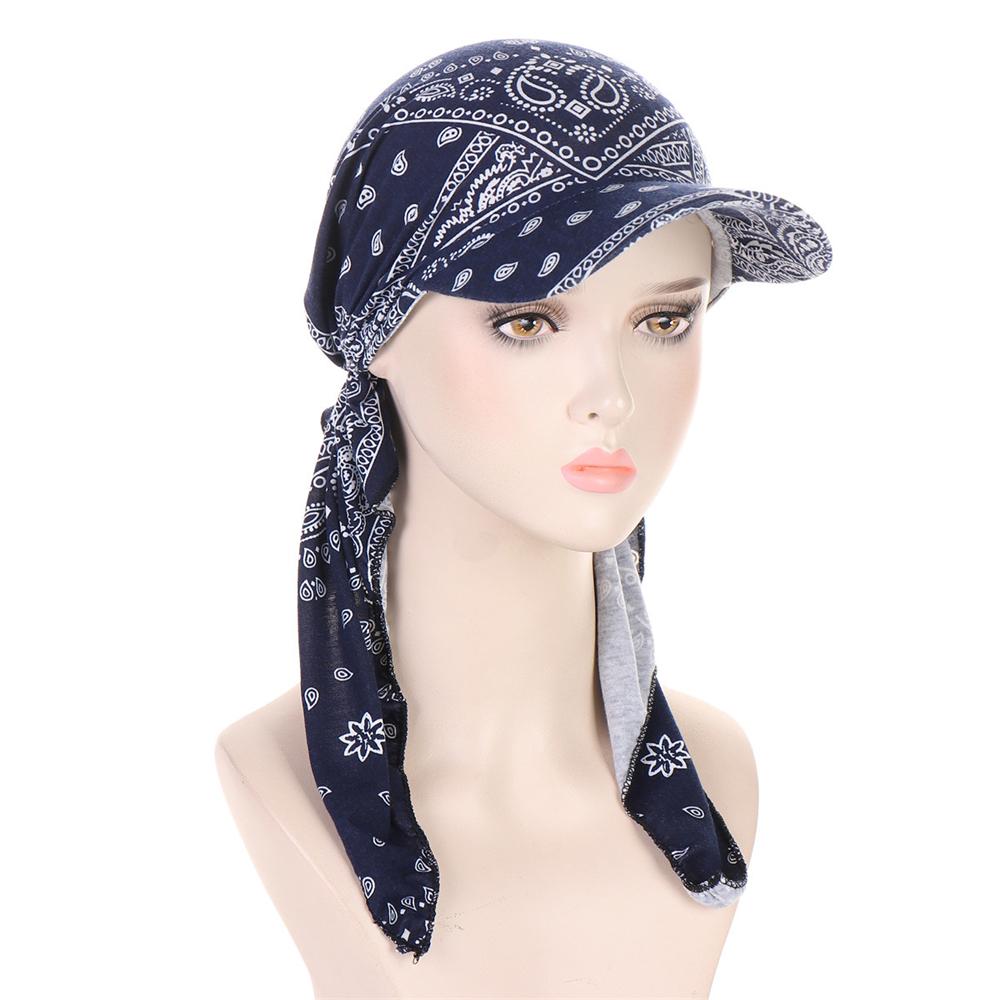 2025 Print Pre-Tied Hat Women Muslim Long Tail Headscarf Hijab Turban Visor Chemo Cap Bonnet Hair Loss Head Wrap Turbante Mujer