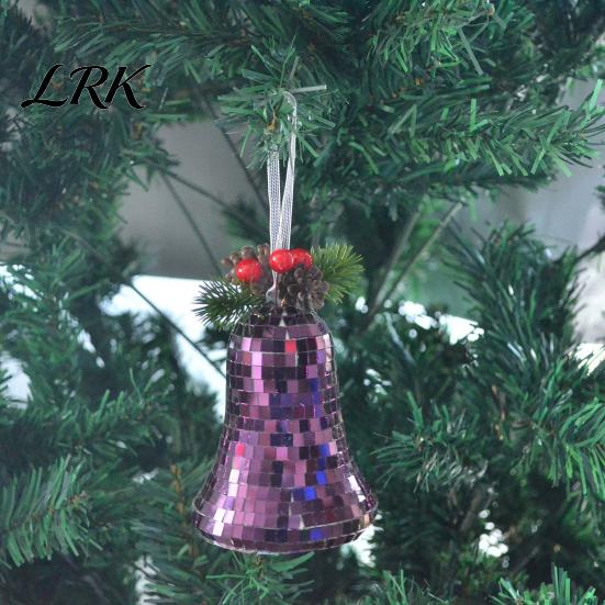 Mirror Tiles Bell Decorations Christmas Disco Decoration, Reflective Xmas Hanging Ornament, Decorative Bells with Berries Tree Pendant for Holiday