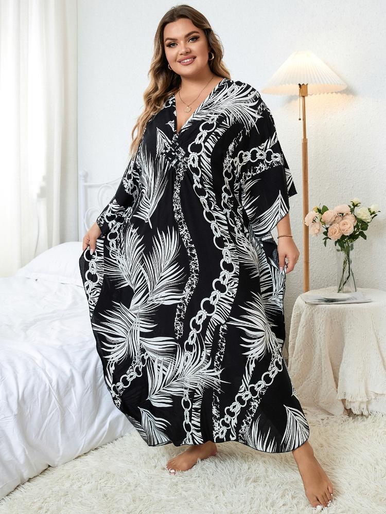 EDOLYNSA Black Kaftan Women's Hot Selling Long Dress Robe Chinese Knot Auspicious Knot V-neck Beach Wear Batwing Sleeve Homewear Q1297