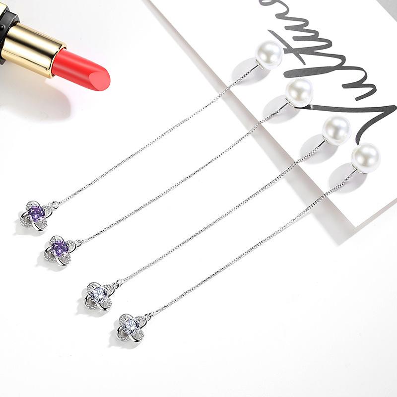 Женская корейская мода 925 посеребренная антиаллергенная жемчужина циркон кристалл счастливый лист трава линия ушей висячие серьги-гвоздики женские украшения для ушей подарок