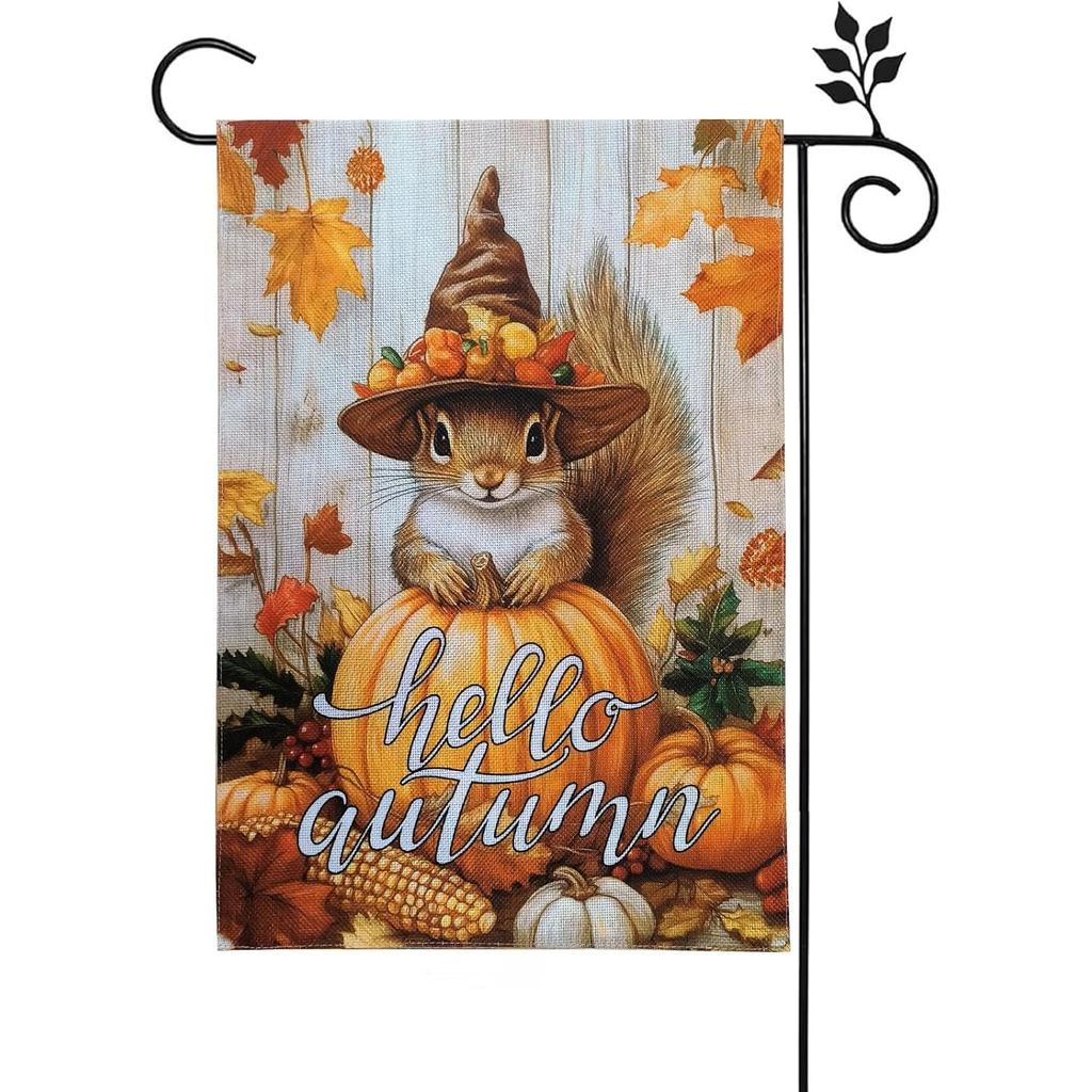Fall Garden Flag Double Sided, Squirrel Pumpkin Hello Autumn Garden Flag, Thanksgiving Yard Flags for Outside Maple Leaves Seasonal Decoration