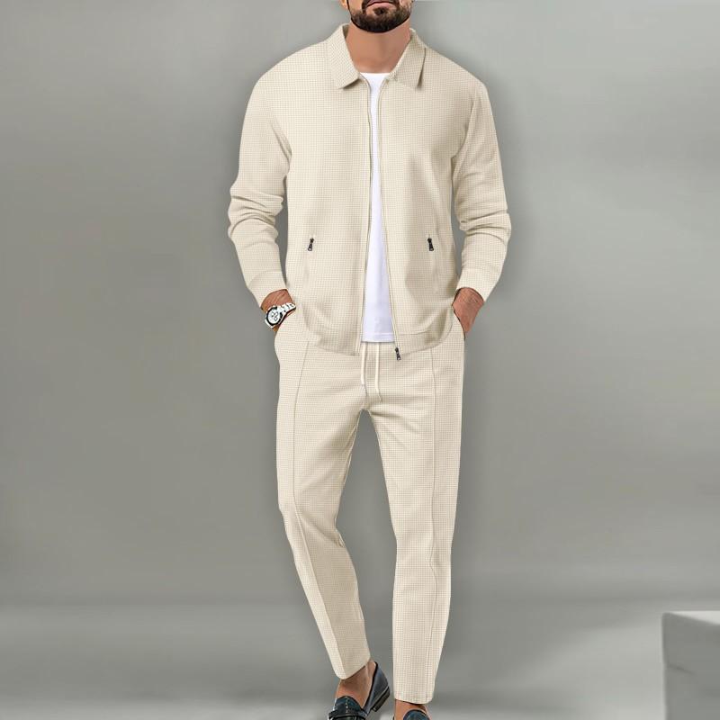 Mens Slim Fit Zip-Up Jacket With Collar Pocket Matching Pants Set Casual Sportwear