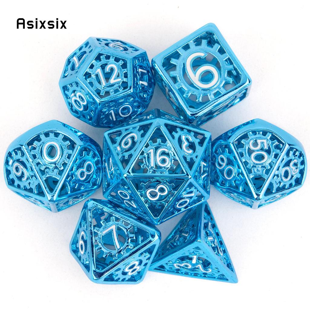 7 Pcs Blue White Gear Wheel Metal Dice Hollow Metal Polyhedral Dice Set Suitable for Role-Playing RPG Board Game Card Game