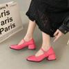 Fashion Red Med Heels Mary Jane Shoes for Women Square Toe Ankle Buckle Pumps Woman Pu Leather Thick Heeled Party Shoes Ladies