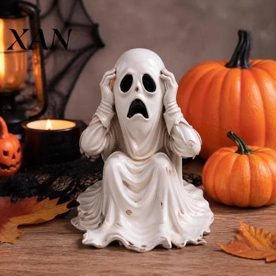 Desktop Halloween Decor Ghost Figurine, Scary Face Statue, Resin Spooky Wrinkled Robe Statue White Decoration for Indoor Home, Office, Desk Ornament