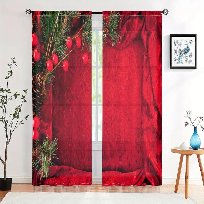 2 шт., красные шторы с изображением рождественских сосновых веток -30% затемнение - подходят для гостиной, спальни, кухни, украшения дома