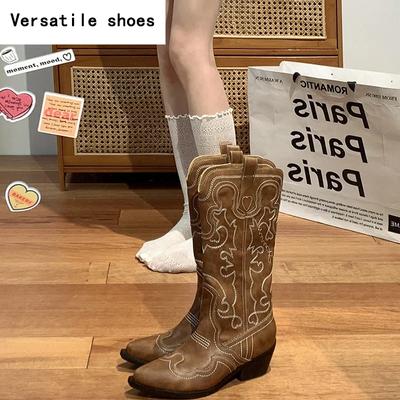 Вышитые женские ковбойские сапоги в стиле вестерн, модные длинные рыцарские сапоги с квадратным каблуком, обувь на осень-зиму