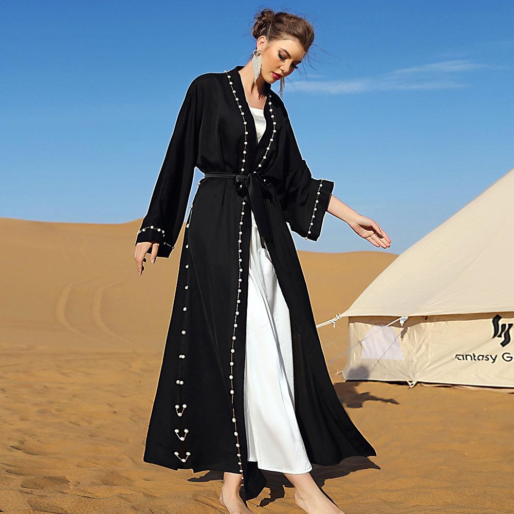 Женская одежда Черное винтажное свободное арабское платье с длинным наружным поясом и бисером