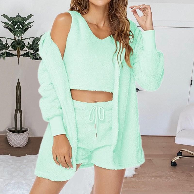 Home Wear Long Sleeved Plush Casual Three Piece Set Jacket Vest Shorts Sports Suit