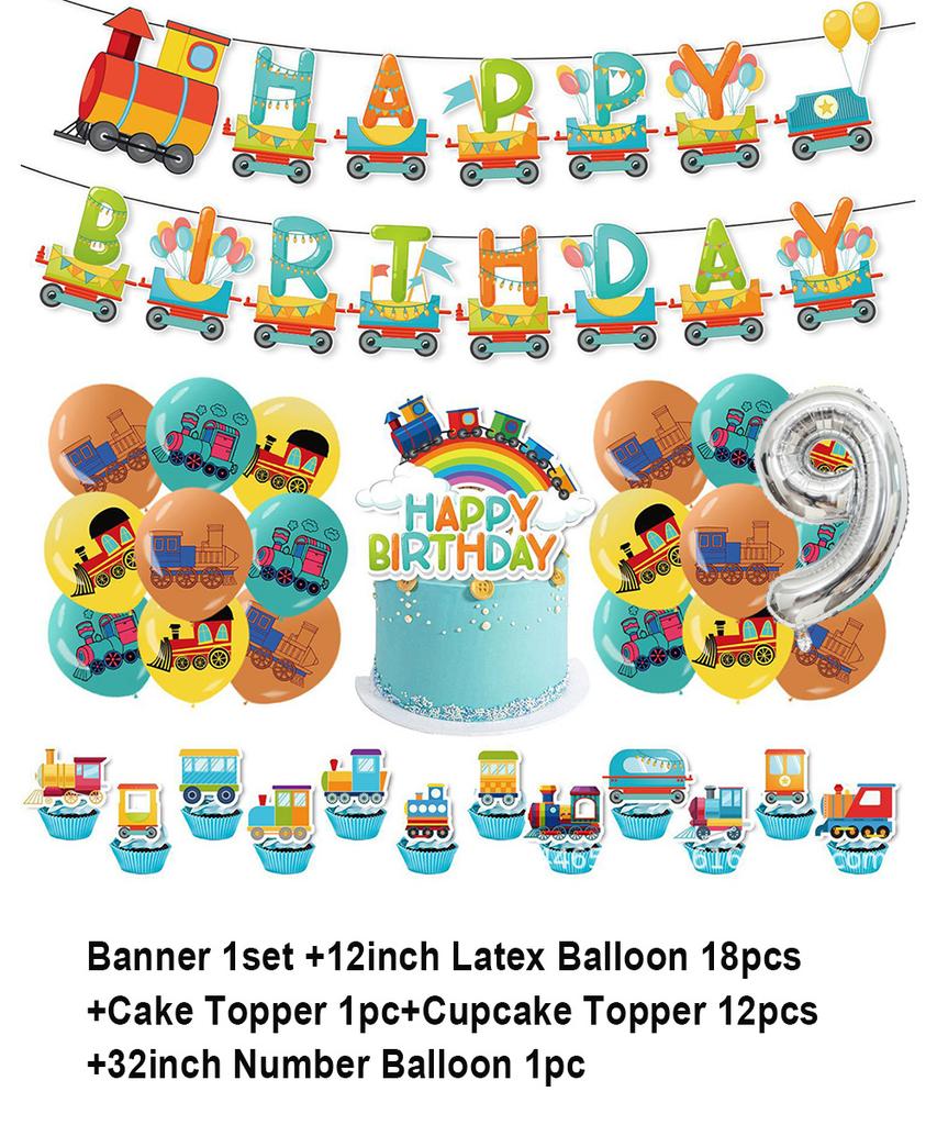 Cartoon Train Theme Birthday Party Decoration Number Balloons Cake Topper Transportation Vehicles Backdrop Banner Party Supplies