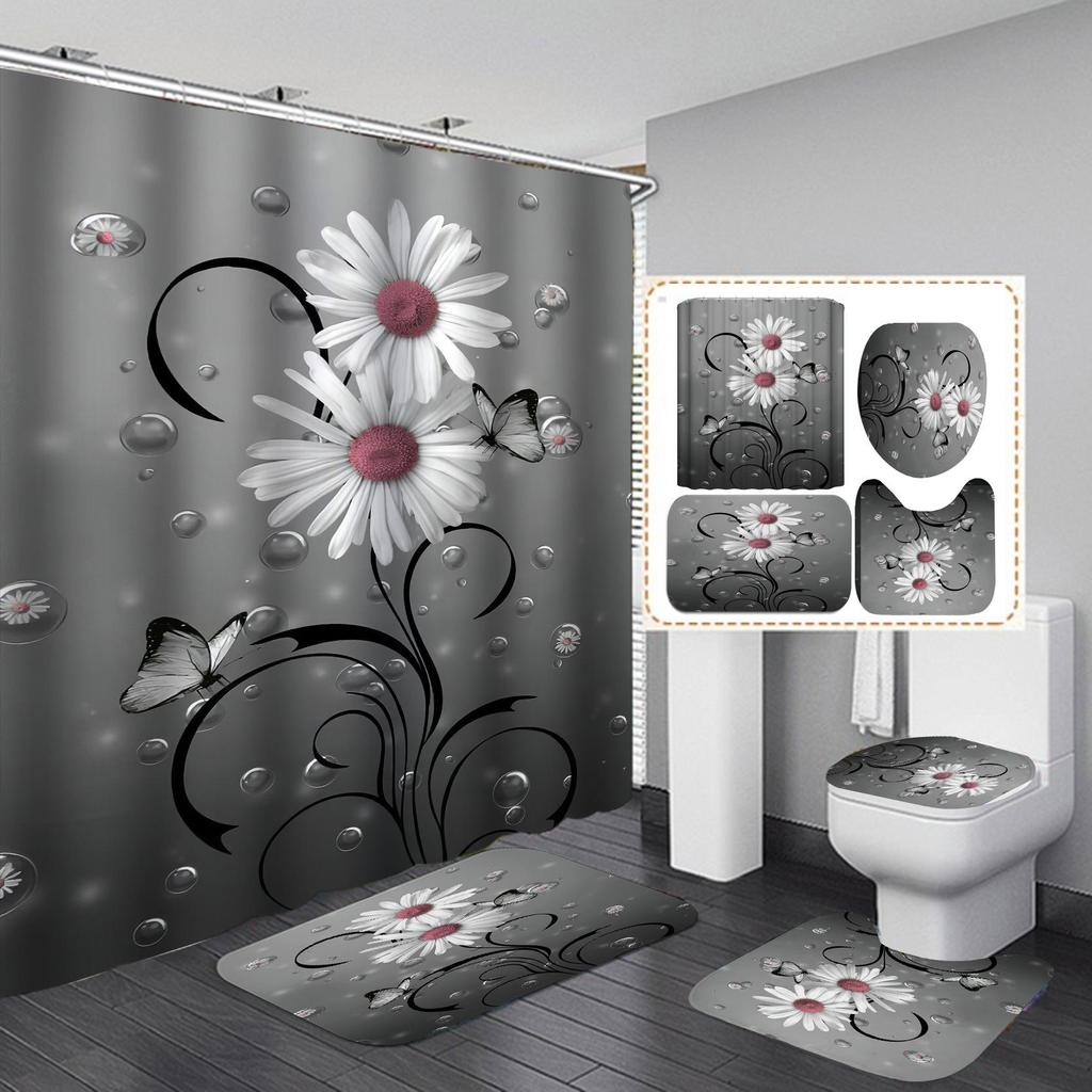 4 PCS Full Set Bathroom Set Shower Curtain Bath Non-Slip Floor Mat Carpet Home Bathroom