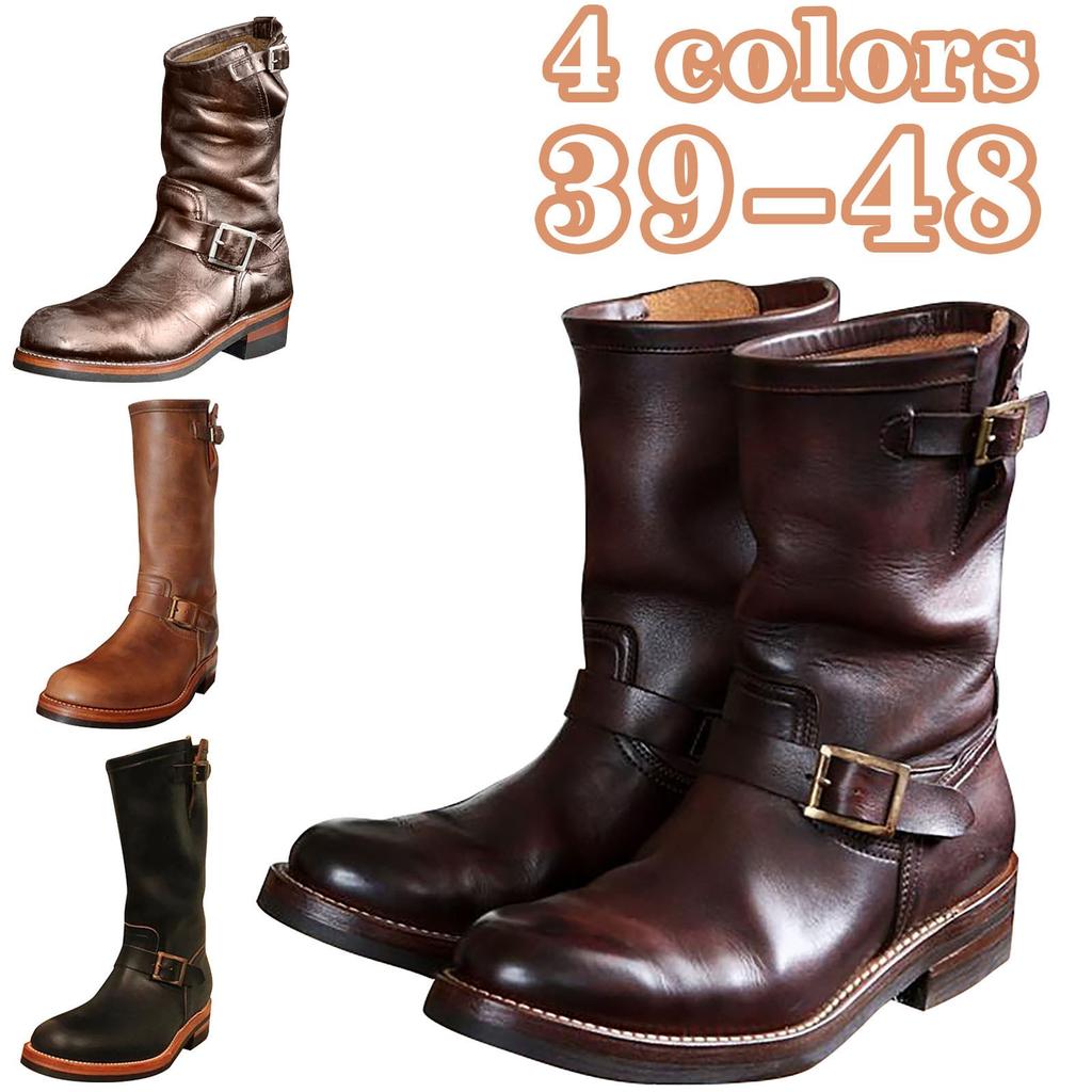 Men's Leather Round Head Middle Top Cowhide Cowboy Boots Flat Bottomed Boots