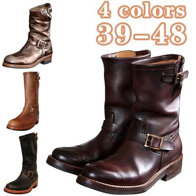 Мужские кожаные ковбойские сапоги с круглой головкой и средним верхом из воловьей кожи Сапоги с плоской подошвой