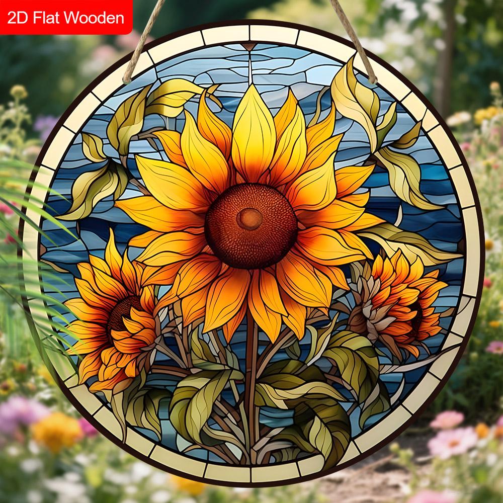 Rustic Wooden Sign with Sunflower Pattern, Round Sign for Front Door, Wall Hanging Decor, Ideal Gift for Friend & Family