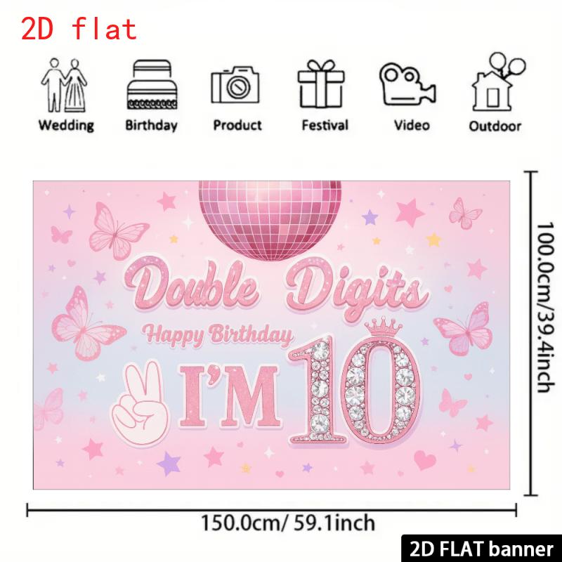 2D flat banner, 2D pink diamond double-digit birthday background fabric | Decorated with disco balls and butterflies