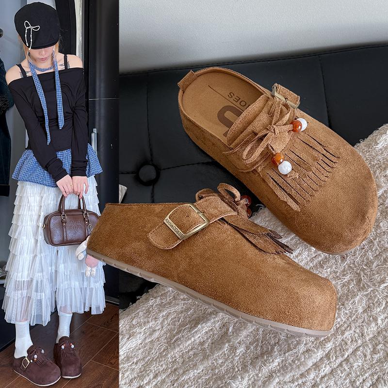 2025 Весна-осень Модные цельные туфли на толстой подошве, увеличивающие рост, на полукаблуке, женские шлепанцы с повязкой в ретро-стиле