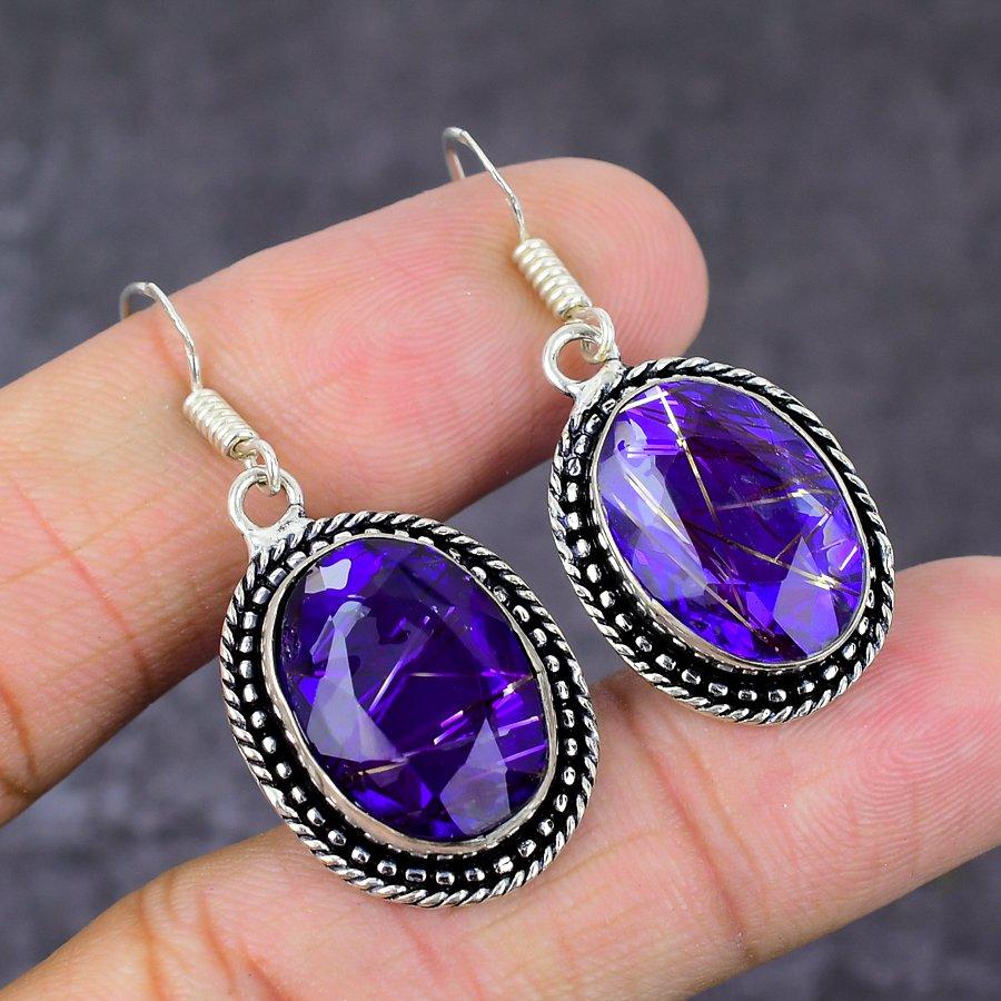 Фиолетовый Рутил Драгоценный камень 925 Стерлинговое серебро Подарок Ювелирное изделие Серьга 1,77"