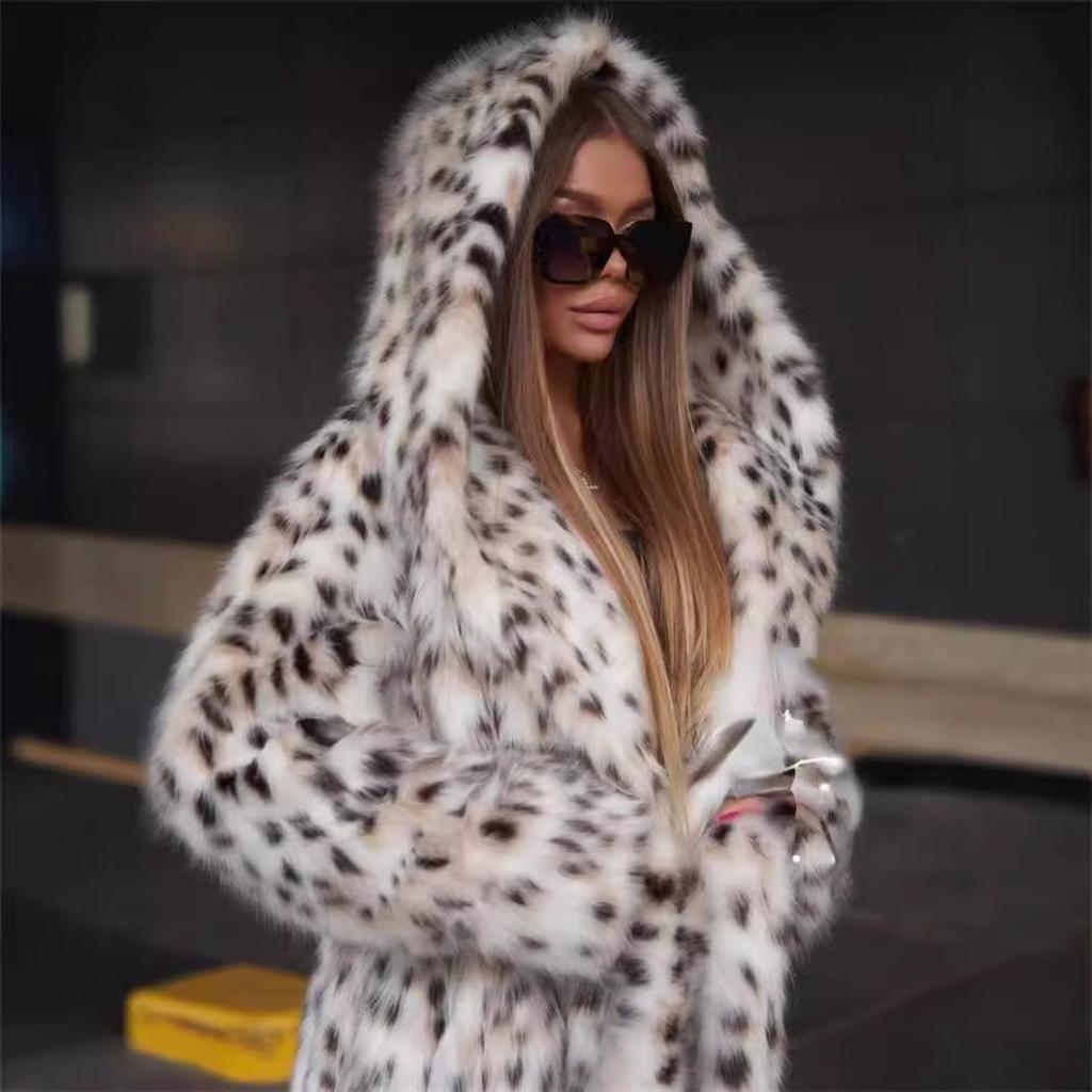 Women's Leopard Print Hooded Imitation Fur Jacket Toka Long Coat Thickened Thermal Mink Trench Coat