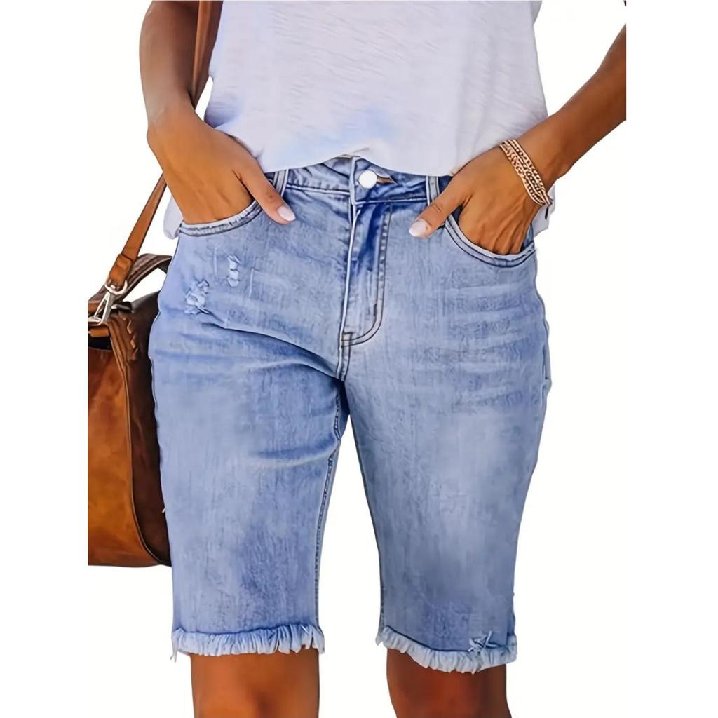 Plus Size Women's Casual Washed Blue Denim Shorts