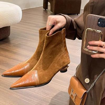 Женские полусапожки с острым носком на низком каблуке в стиле ретро из лоскутной кожи на низком эластичном каблуке-рюмочке, женские короткие сапоги на осень-зиму