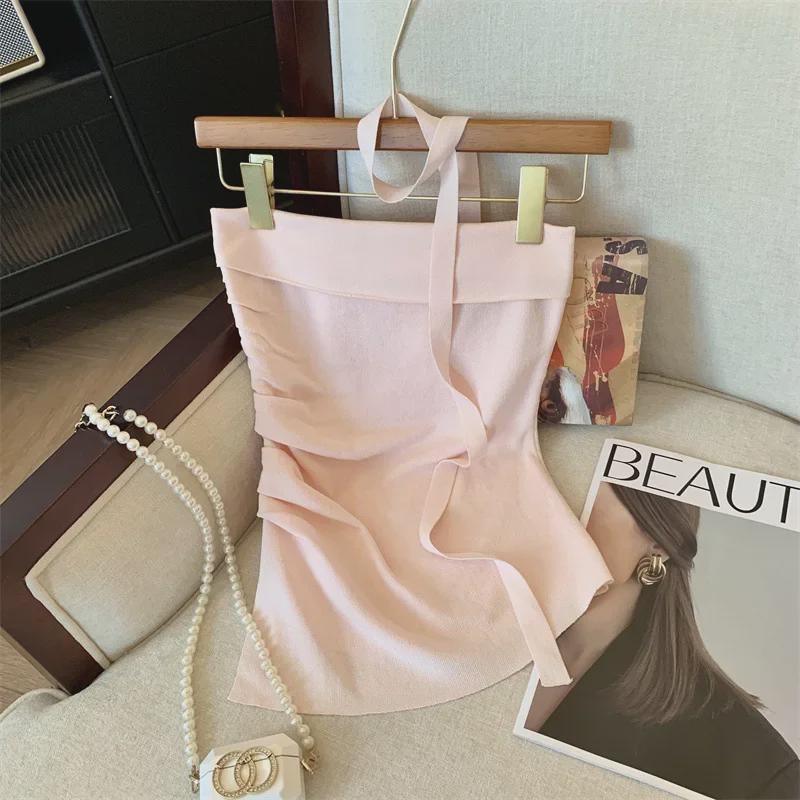 French Off-Shoulder Camisole: Summer Women's Pleated Top with Irregular Slits and Elegant Back Design