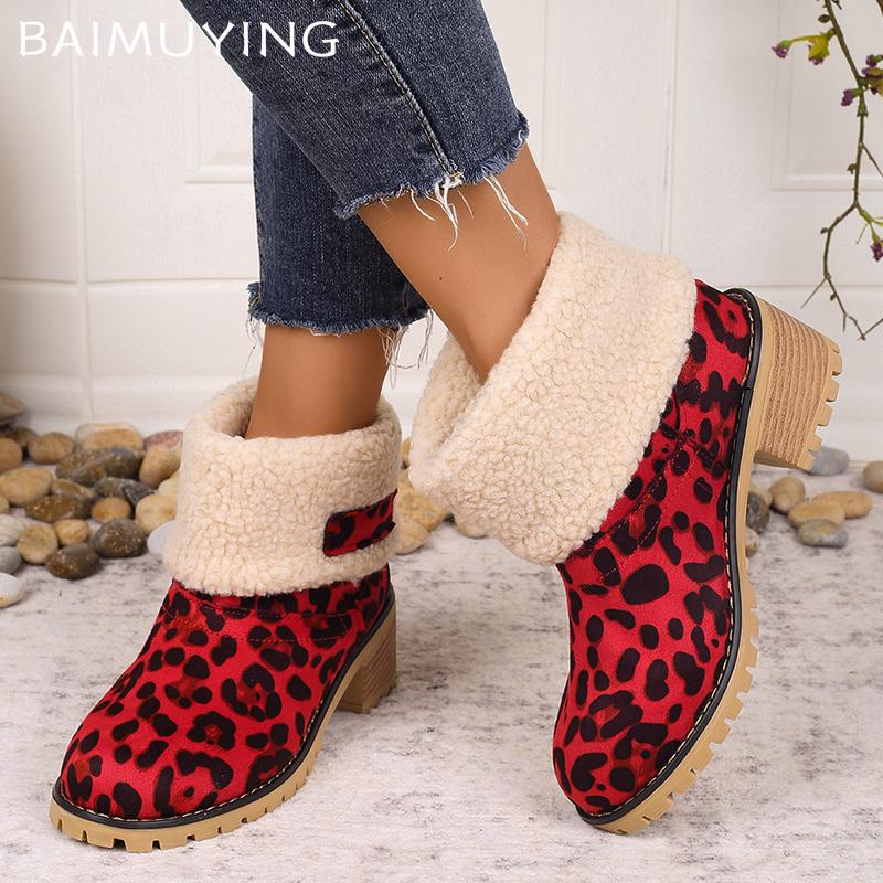 Женские зимние ботильоны с леопардовым мехом, замшевые туфли на среднем каблуке, дизайнерская обувь, короткие плюшевые ботинки из плотного хлопка, тренд 2024 года, зимние ботинки Mujer