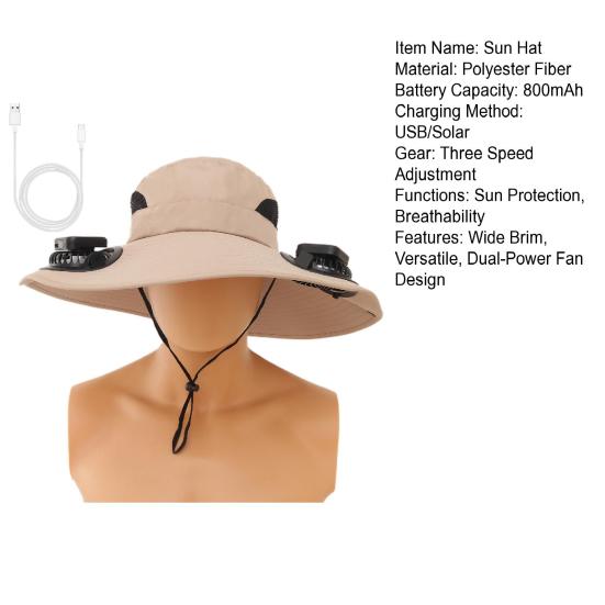 Шляпа для активного отдыха с двойным источником питания, широкополая шляпа от солнца со встроенным солнечным вентилятором, шляпа для рыбалки, походов, садоводства