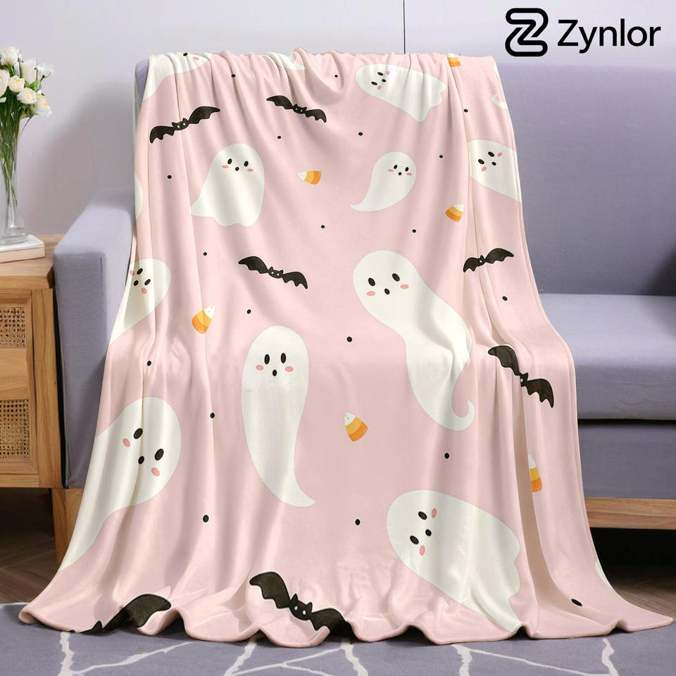 Pink Cute Ghost Bat Candy Ultra Soft Sherpa Fleece Blanket Fluffy Warm Halloween Cozy Throw for Sofa Couch Bedroom All season