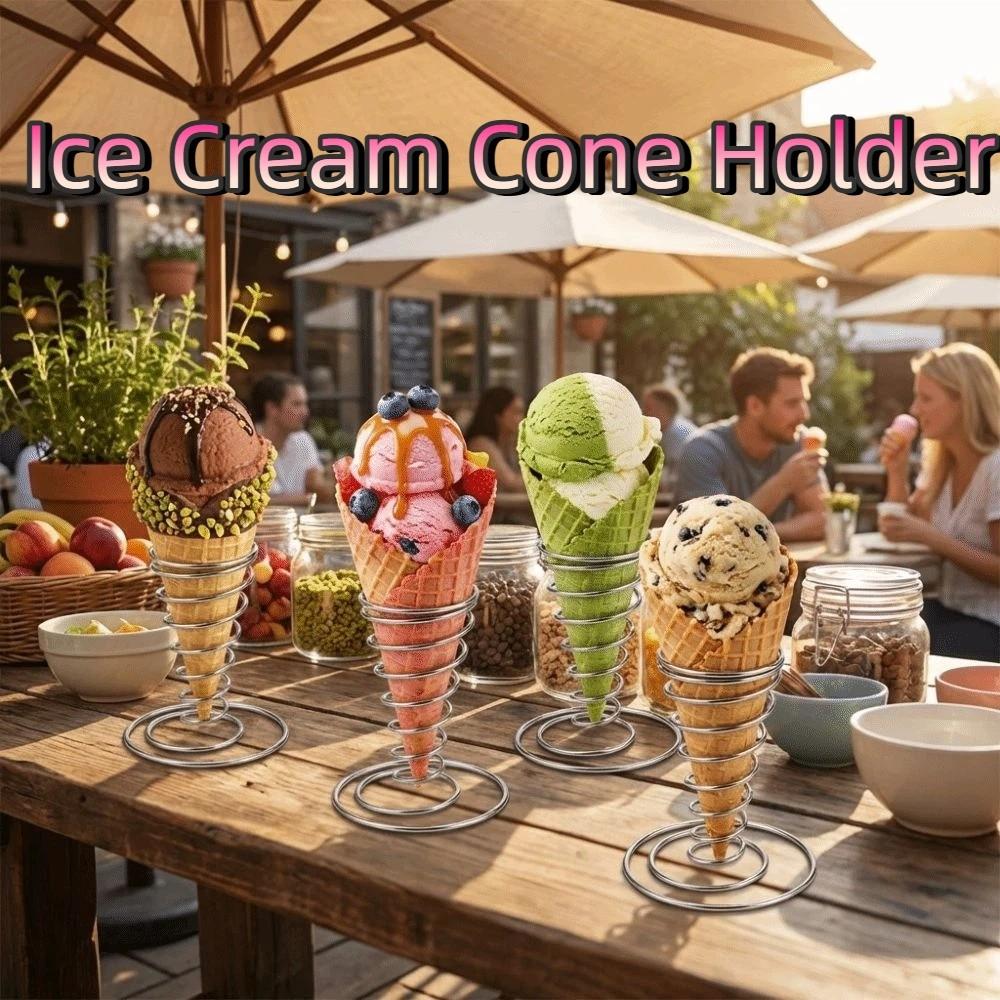 Conical Spring Ice Cream Cone Holder Stainless Steel Waffle Display Stand  Food Display