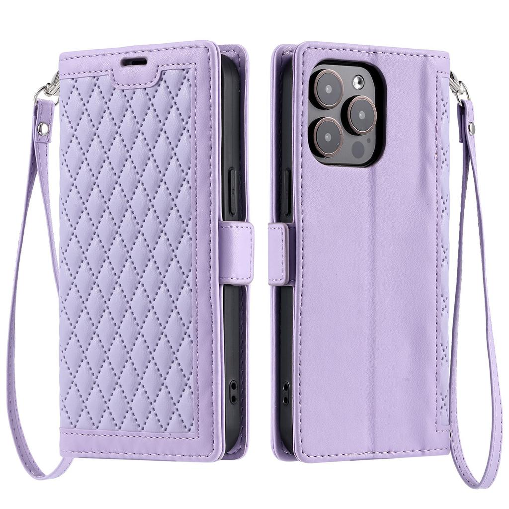 For iPhone 16 Pro Leather Case Rhombus Texture Wallet Stand Phone Cover with Wrist Strap