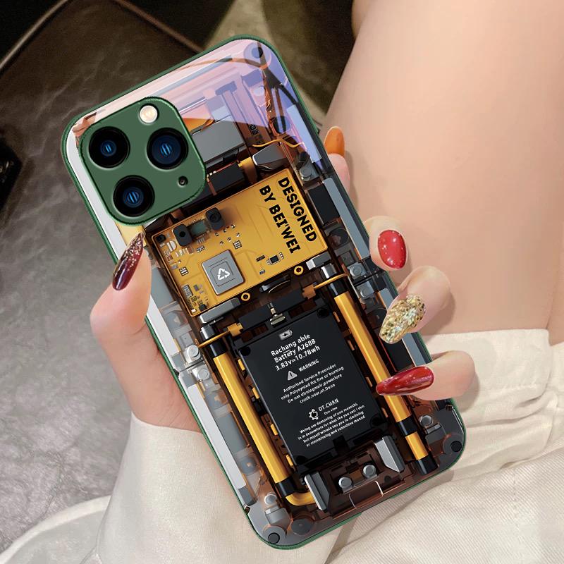 Механическое устройство черное Для IPhone 16 Pro Max 15 Pro 14 13 12 Mini 11 XS Max XR 7 8 Plu SE 2022 Закаленное стекло Чехол для телефона