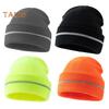 Men Outdoor Hat with Reflective Stripe High Elasticity Keep Warm Solid Color Folded Brim Nocturnal Sport Cap High-Visibility Knitted Headwear for