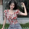 Короткий топ с высокой талией для девочек, женская дизайнерская нишевая летняя рубашка с пышными рукавами и квадратным вырезом с цветочным принтом