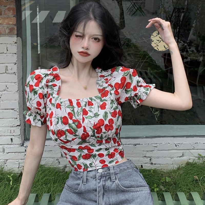 Короткий топ с высокой талией для девочек, женская дизайнерская нишевая летняя рубашка с пышными рукавами и квадратным вырезом с цветочным принтом