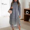 Women Fall Winter Dress Fake Two-piece Patchwork Irregular Mesh Hem Half-high Collar A-line Midi Dress Long Sleeve Zipper Decor Party Dress