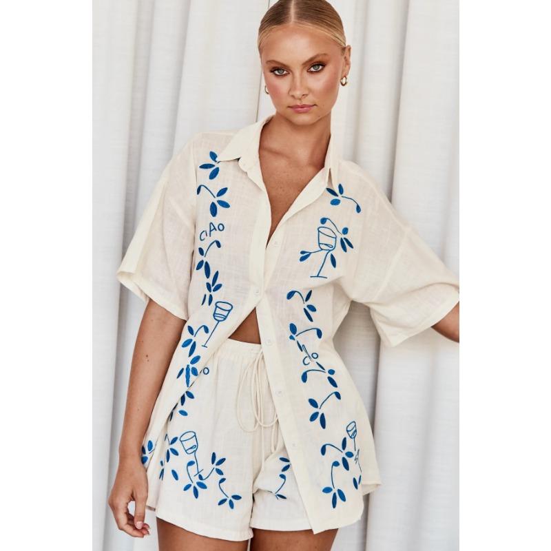 VEZFAA Женская мода повседневная летняя весенняя цветочная модель с принтом короткий рукав поло воротник брюки костюмы