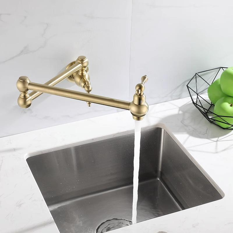 Black Wall Faucet Double Joint Spout Folding Stretchable Swing Arm Wall Kitchen Faucet Single Hole Two Handle Kitchen Sink