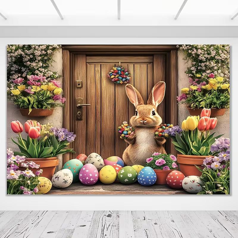 2D Easter Photo Booth Backdrop, Spring Flowers & Colorful Eggs with Bunny Photography Background