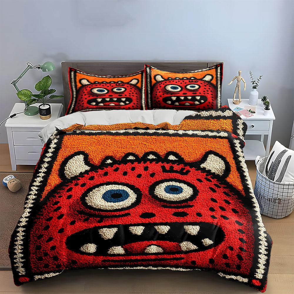 Red Monster Cartoon Design Bedding Duvet Cover Set (1*Duvet Cover 2*Pillowcases, without duvet insert)