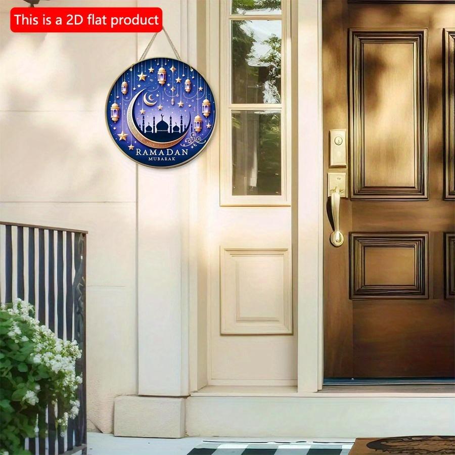 2D Flat 20*20cm 1pc Happy Eid Golden Moon Stars Design High Quality Blue Window Pendant, Suitable For Ceiling Hanging Round Wooden Ornament, Terrific